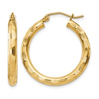 14K Yellow Gold 3x 25mm Diamond-cut Tube Hoop Earrings view 1