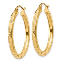 14K Yellow Gold 3x 30mm Diamond-cut Tube Hoop Earrings view 2