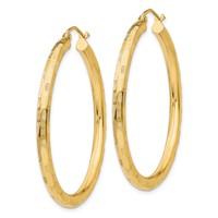 14K Yellow Gold 3x40mm Diamond-cut Tube Hoop Earrings view 2