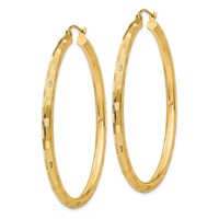 14K Yellow Gold 3x50mm Diamond-cut Tube Hoop Earrings view 2