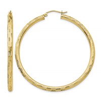 14K Yellow Gold 3x50mm Diamond-cut Tube Hoop Earrings view 1