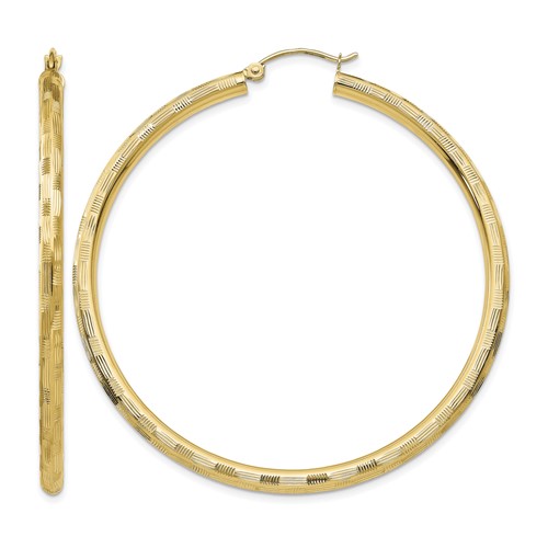 14K Yellow Gold 3x 55mm Diamond-cut Tube Hoop Earrings