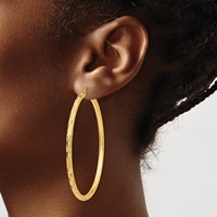 14K Yellow Gold 3x 60mm Diamond-cut Tube Hoop Earrings view 3