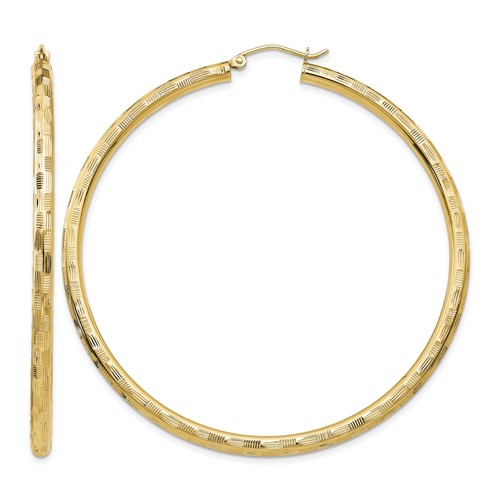 14K Yellow Gold 3x 60mm Diamond-cut Tube Hoop Earrings