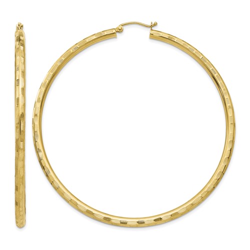 14K 3x65mm Diamond-cut Tube Hoop Earrings