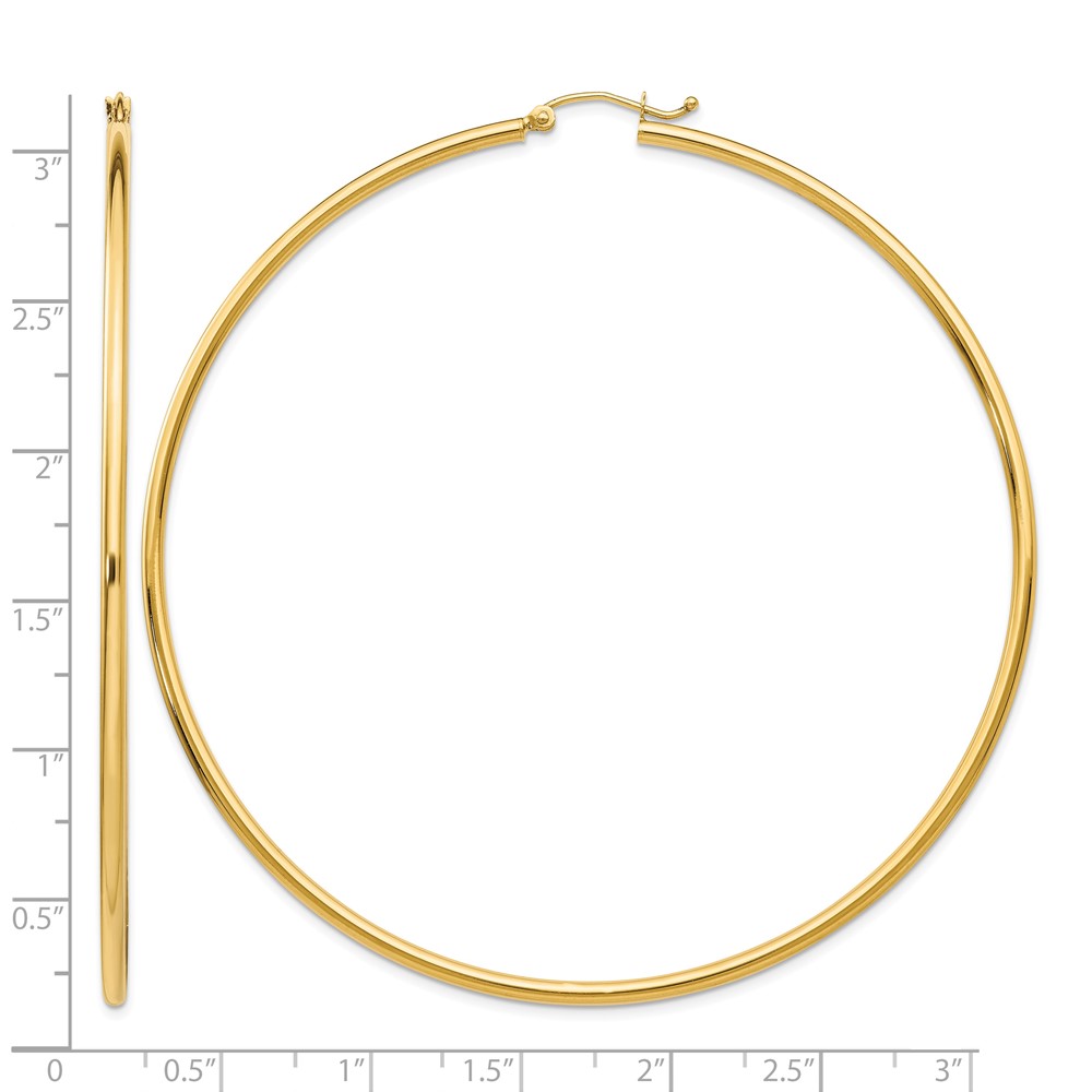 14k Polished 2x75mm Lightweight Round Tube Hoop Earrings (TF578)