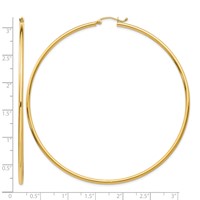 14K Yellow Gold 2x 75mm Polished Lightweight Round Tube Hoop Earrings view 4