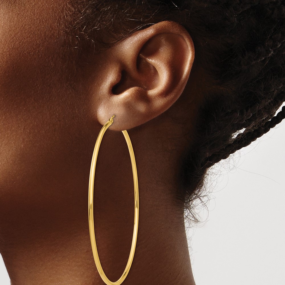 14k Polished 2x70mm Lightweight Round Tube Hoop Earrings (TF580)