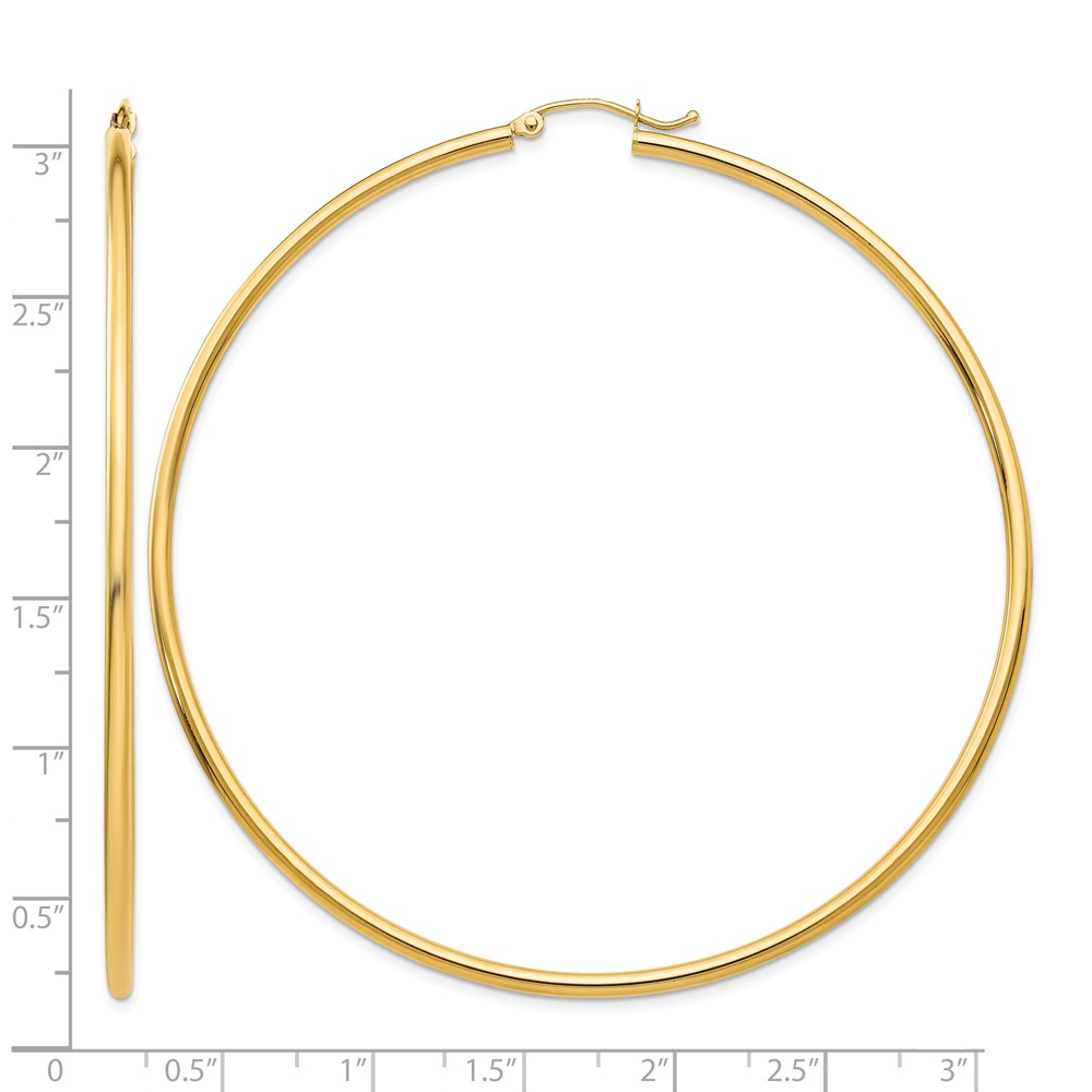 14k Polished 2x70mm Lightweight Round Tube Hoop Earrings (TF580)