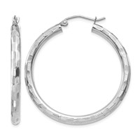 14K White Gold 3x 35mm Diamond-cut Tube Hoop Earrings view 1