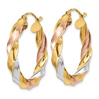 14K Tri-color Light Twisted Hoop Earrings view 2