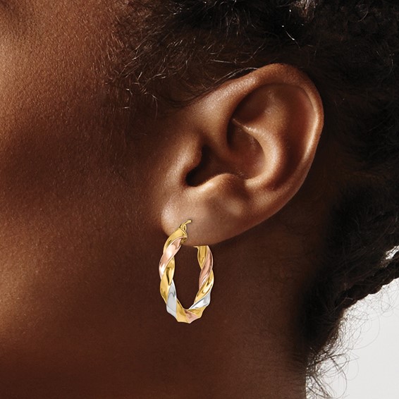 4mm Gold Tri-color Twisted Hoop Earrings