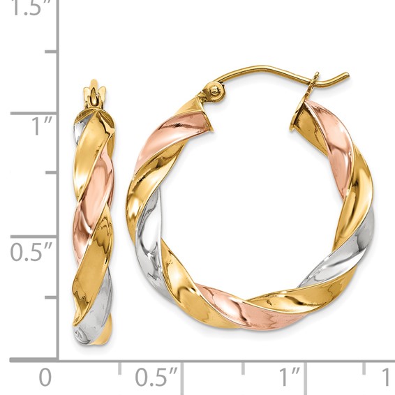 4mm Gold Tri-color Twisted Hoop Earrings