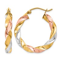14K Tri-color Light Twisted Hoop Earrings view 1