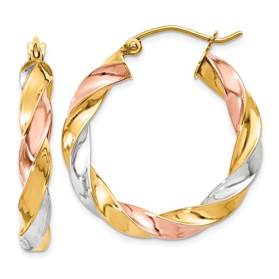 4mm Gold Tri-color Twisted Hoop Earrings