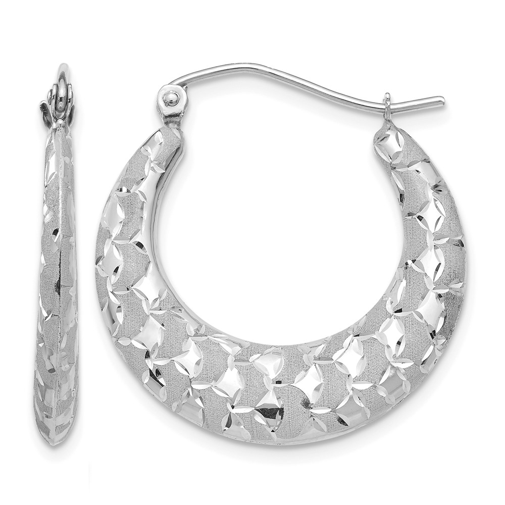 14k White Gold Satin and Diamond-cut Hoop Earrings (TF727)