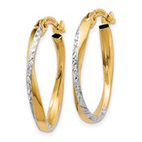 14K Earrings with White Rhodium Textured and Polished Oval Hoop view 2