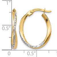 14K Earrings with White Rhodium Textured and Polished Oval Hoop view 4