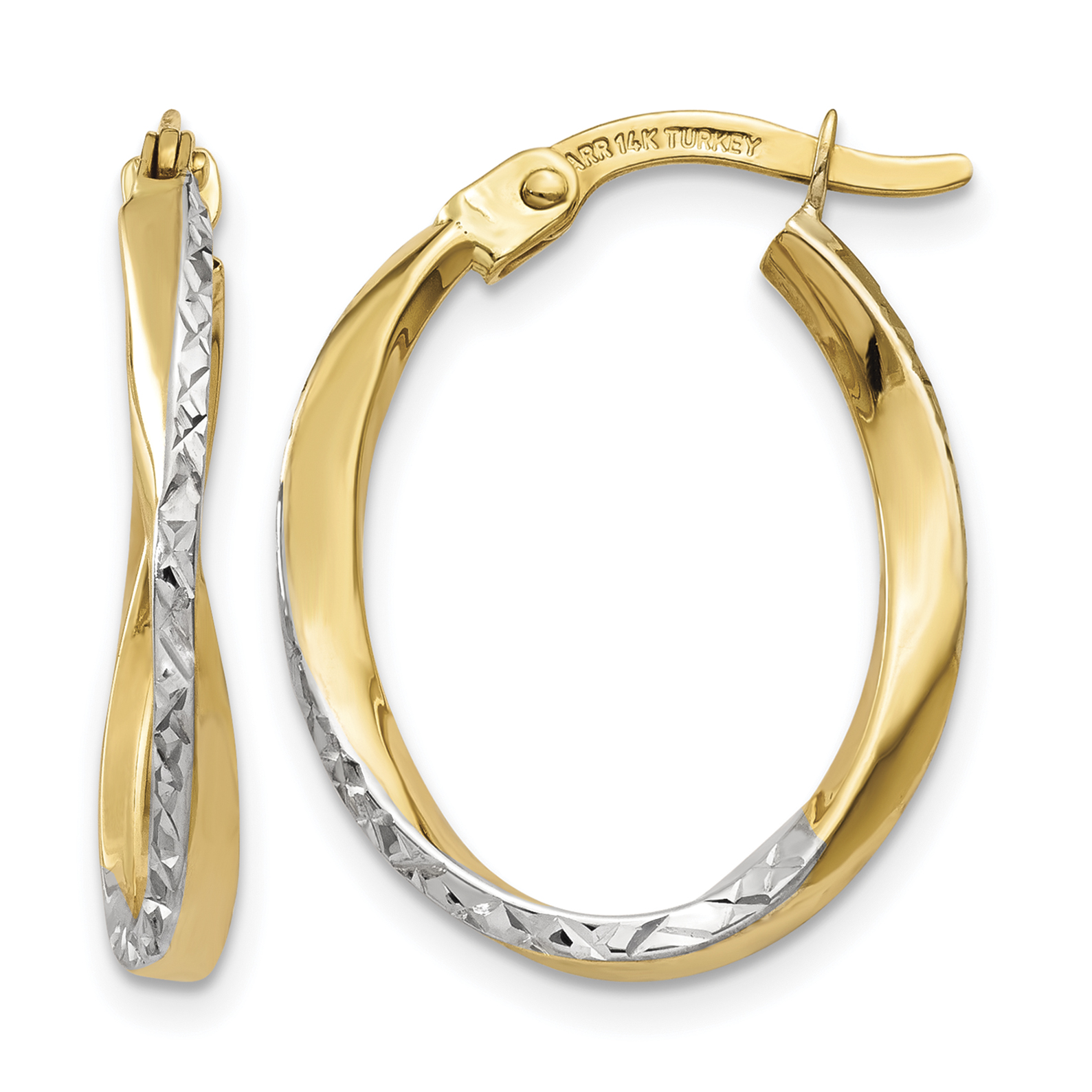 14K w/White Rhodium Textured and Polished Oval Hoop Earrings (TF749)