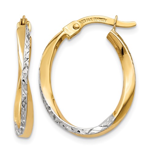 14K Earrings with White Rhodium Textured and Polished Oval Hoop