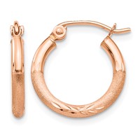 14K Rose Gold 2x 15mm Lightweight Satin Diamond-cut Tube Hoop Earrings view 1