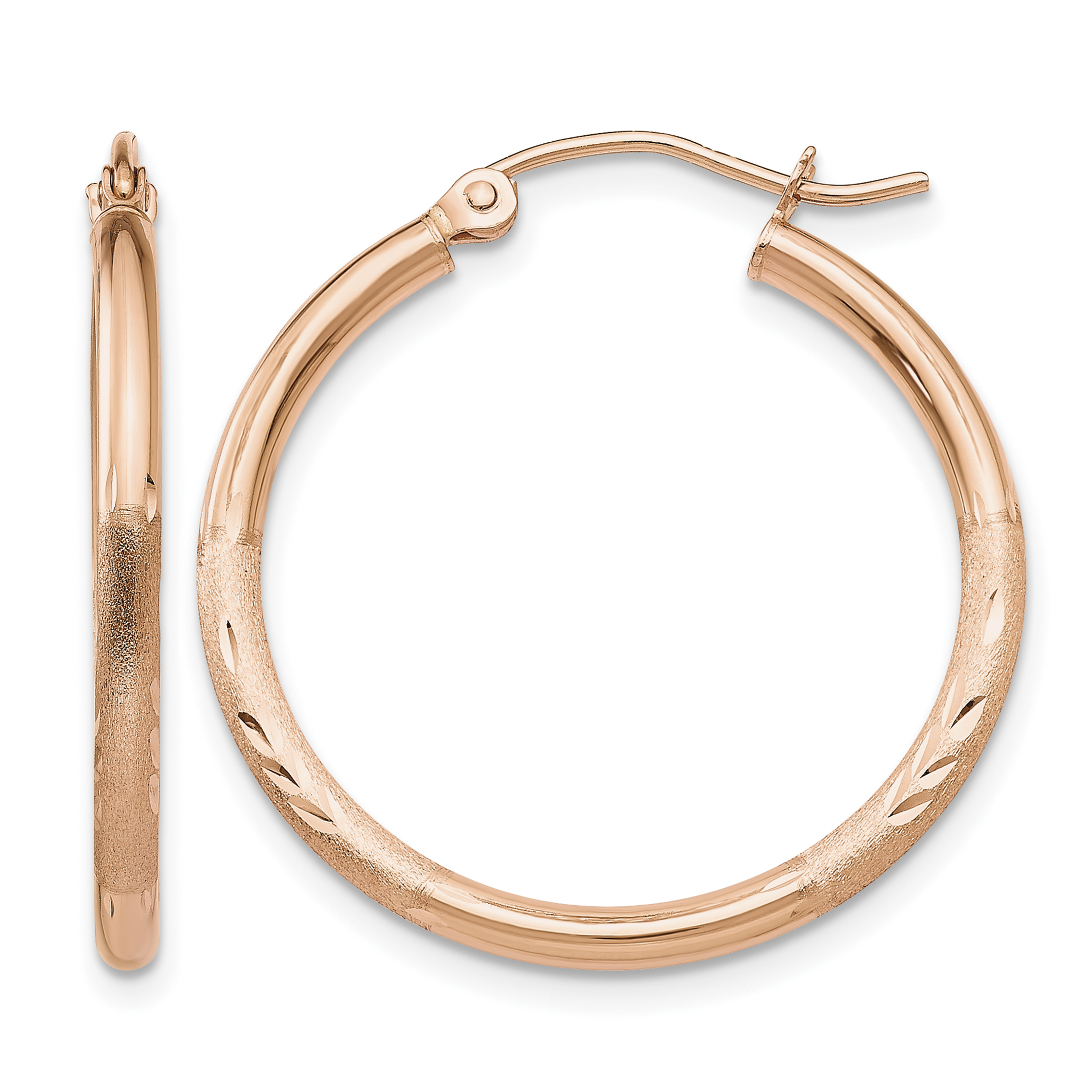 14k Rose Gold Lightweight Satin Diamond Cut Hoop Earrings (TF757)