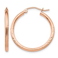14K Rose Gold 2x 25mm Lightweight Satin Diamond-cut Tube Hoop Earrings view 1