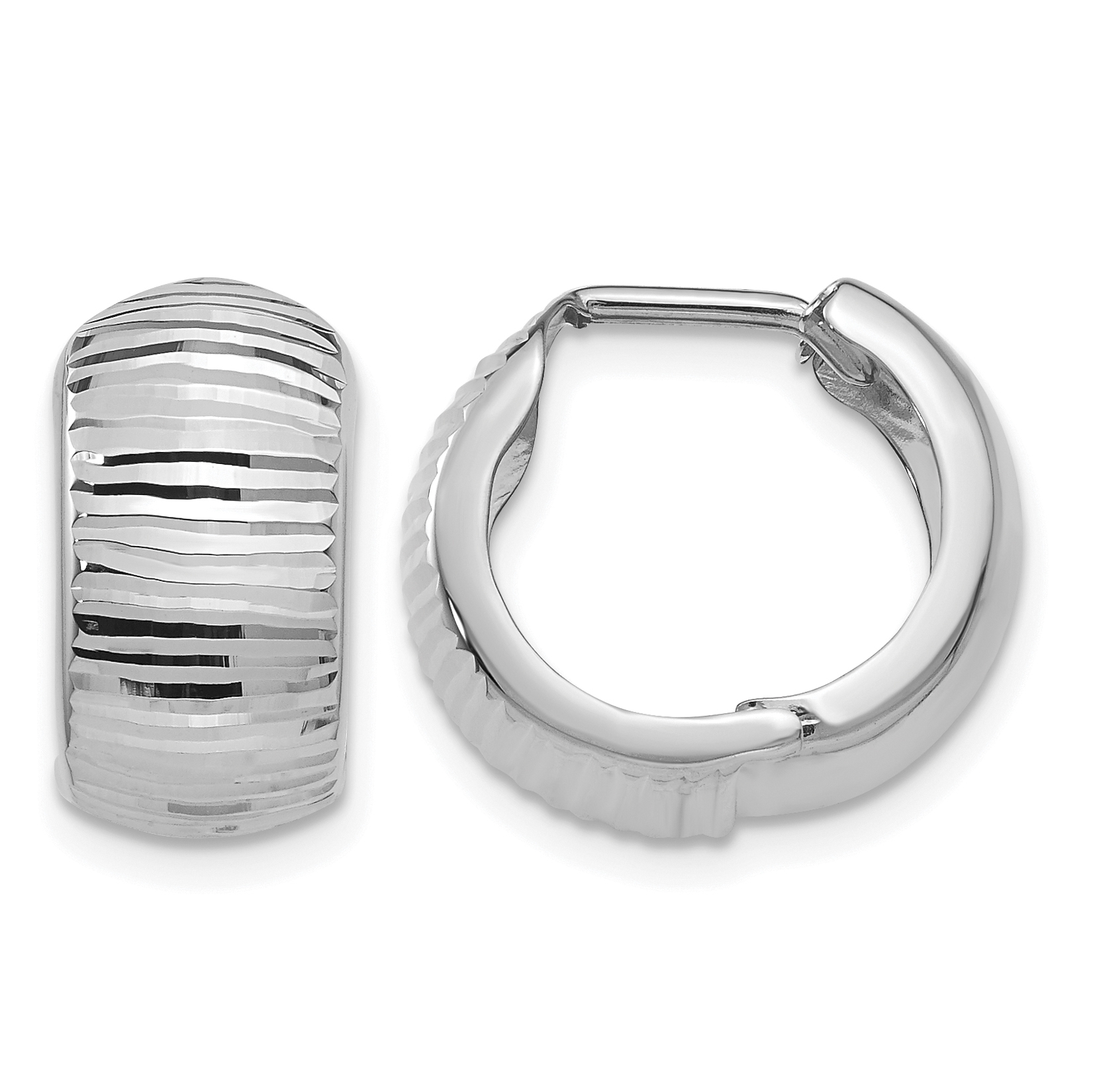 14K White Gold Textured and Polished Hinged Hoop Earrings (TF779)