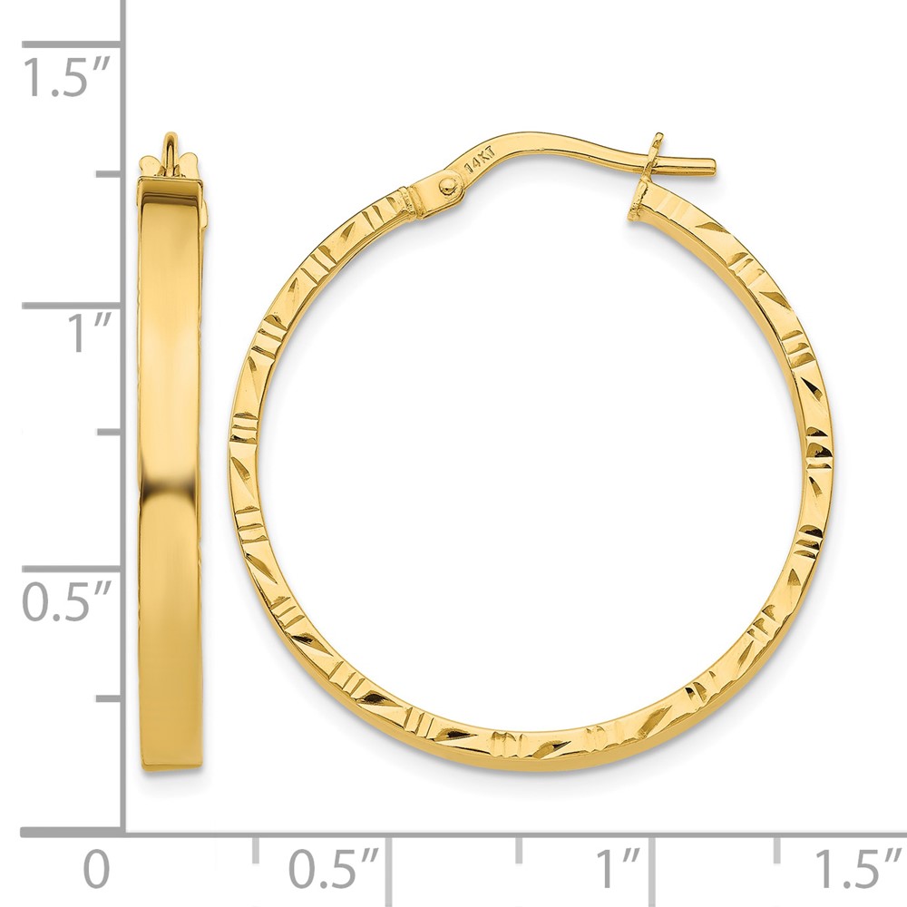 14K Diamond Cut Edge Large 3mm Polished Hoop Earrings (TF812)