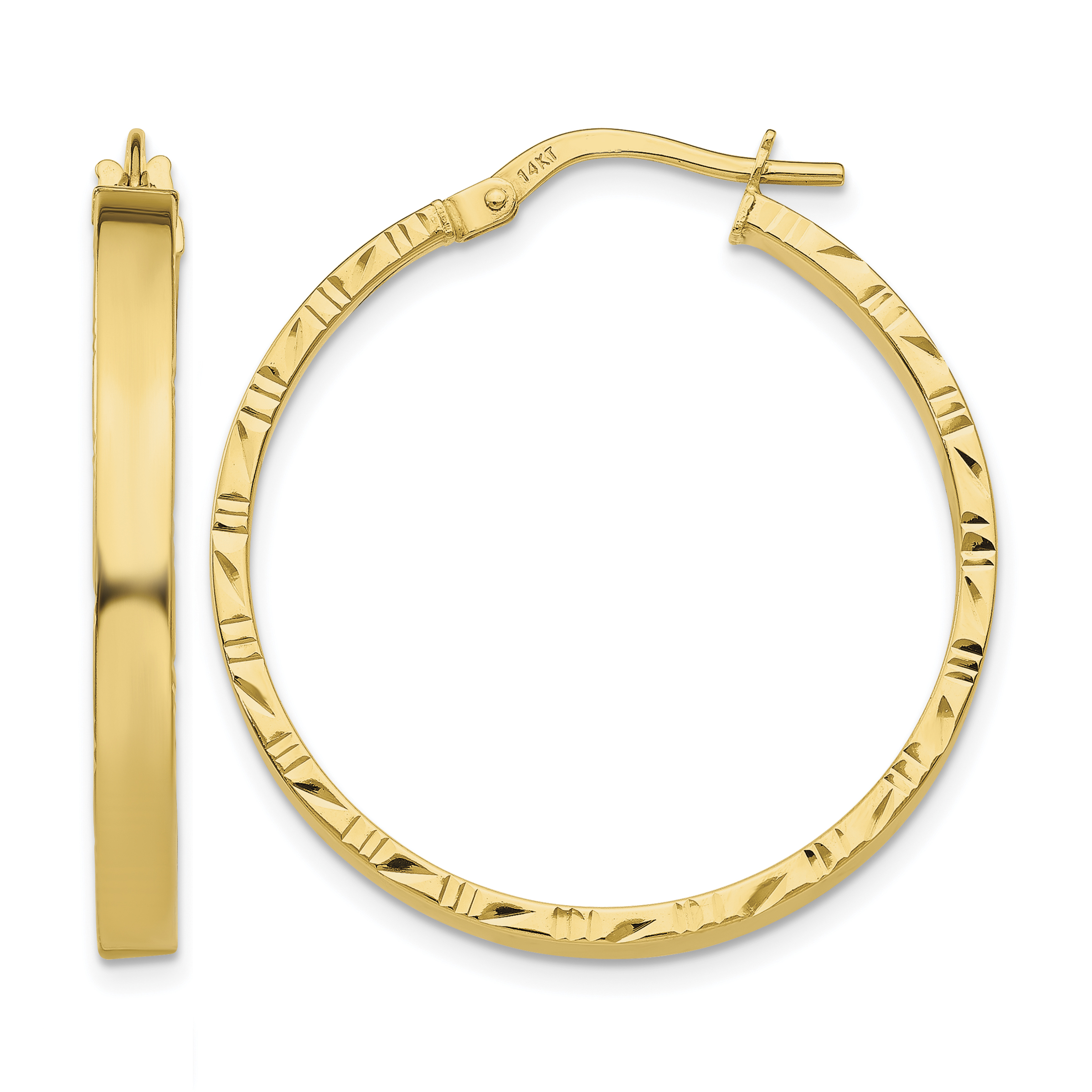 14K Diamond Cut Edge Large 3mm Polished Hoop Earrings (TF812)