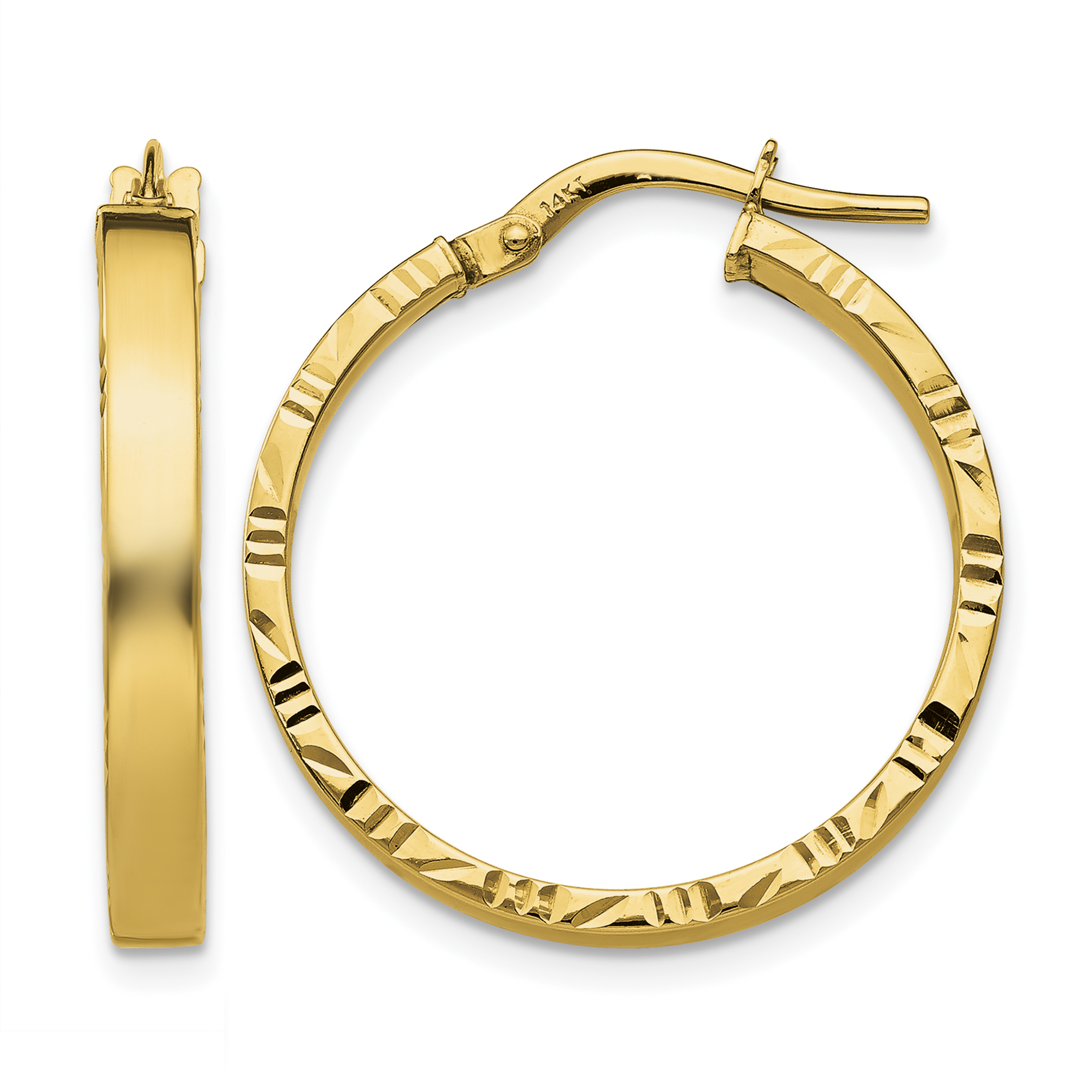 14K Diamond Cut Edge Medium 3mm Polished Hoop Earrings (TF813)