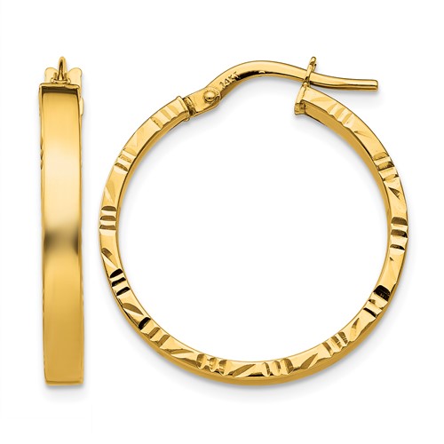 14K Yellow Gold 3x 26mm Polished Earrings with Diamond-Cut Edge Tube Hoop