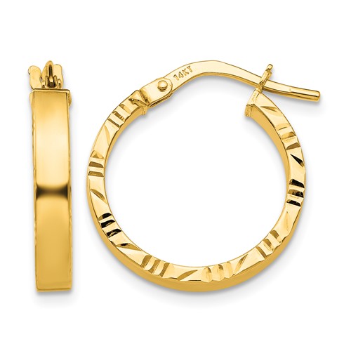 14K Yellow Gold 3x 20mm Polished Earrings with Diamond-Cut Edge Tube Hoop