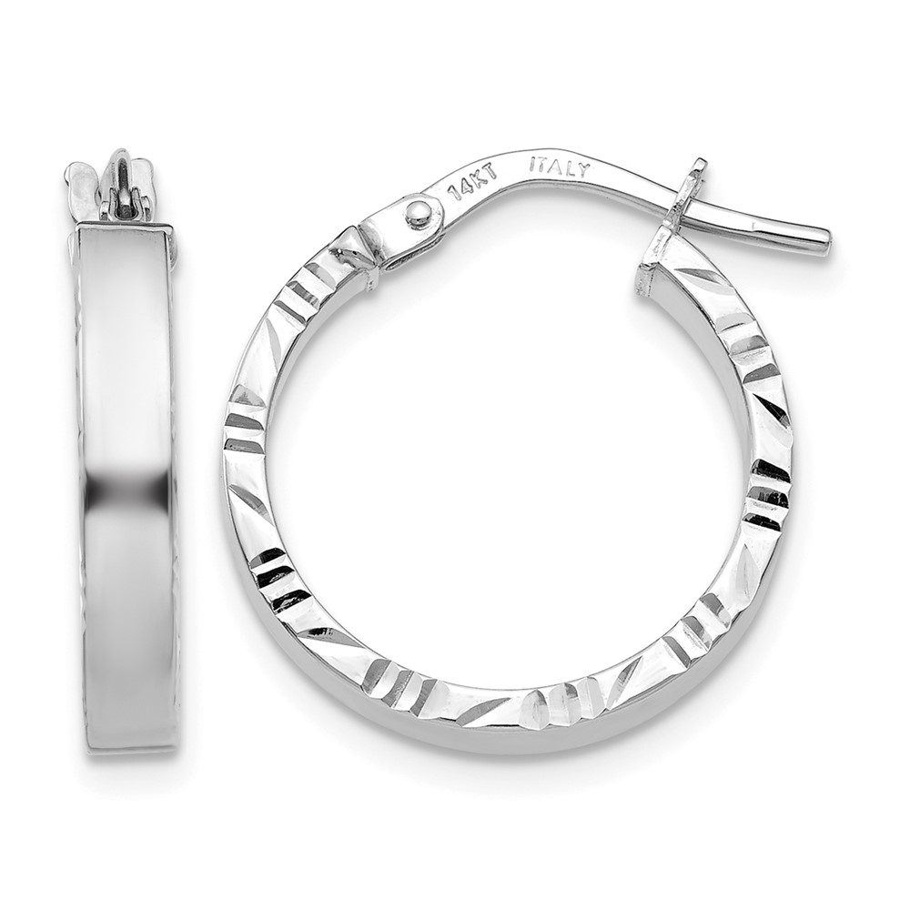 14K White Gold Small 3mm Diamond Cut Edge Polished Hoop Earrings (TF815)