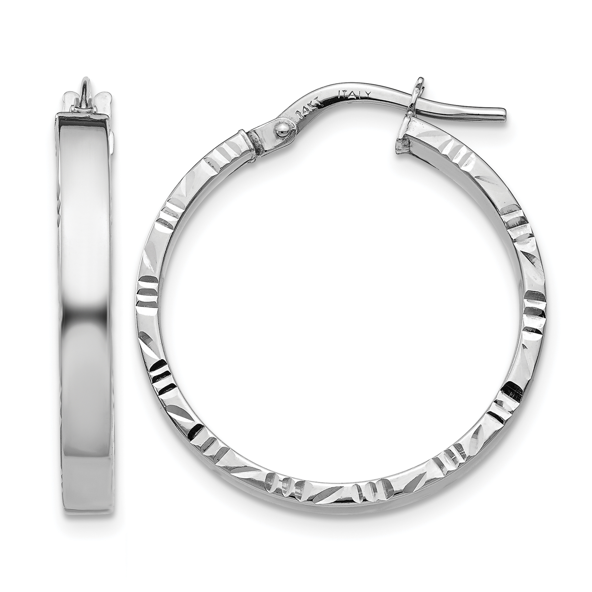 14K White Gold Diamond Cut Edge Medium 3mm Polished Hoop Earrings (TF816)