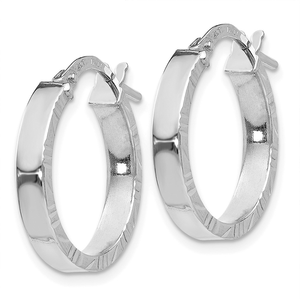 14K White Gold Diamond Cut Edge Large 3mm Polished Hoop Earrings (TF817)