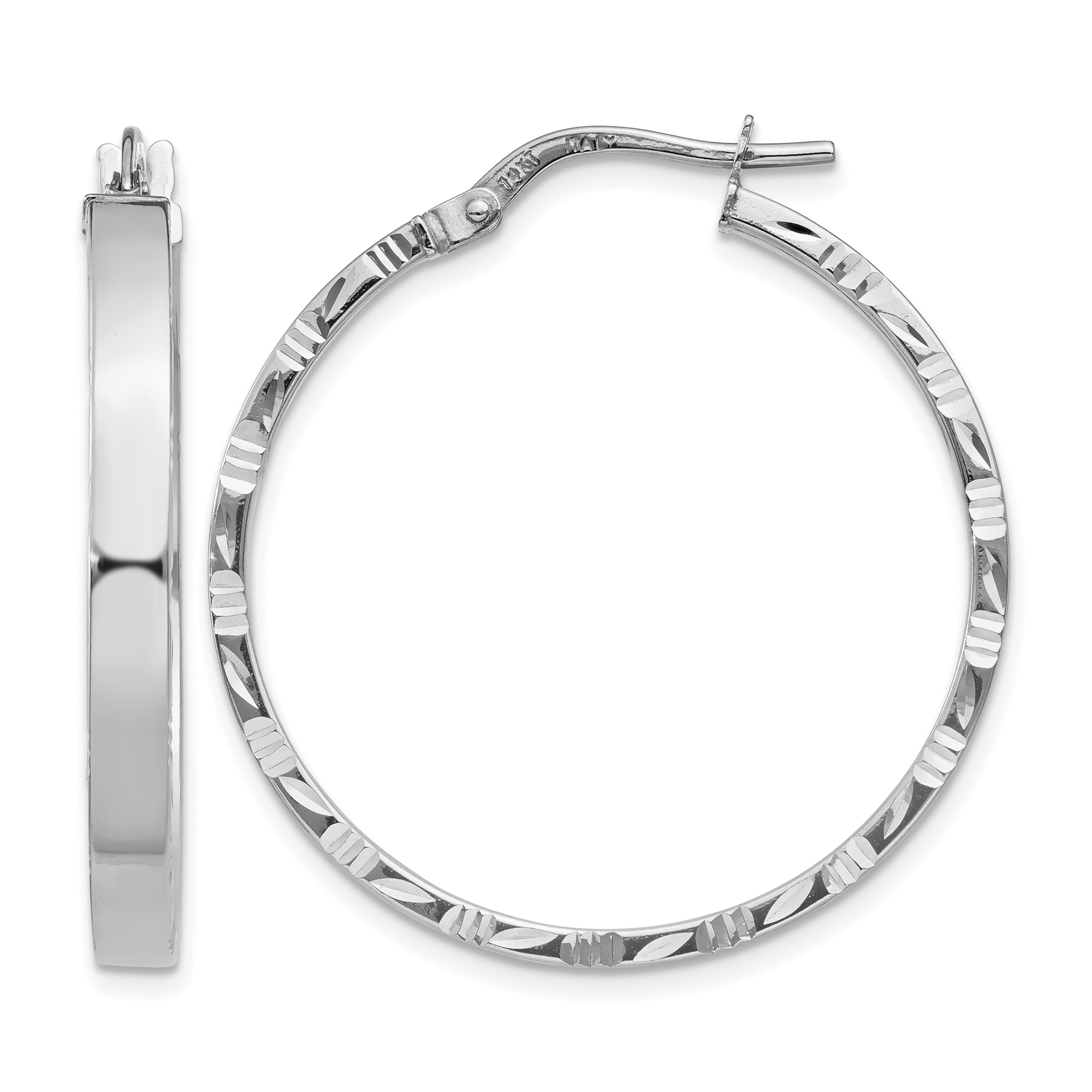 14K White Gold Diamond Cut Edge Large 3mm Polished Hoop Earrings (TF817)