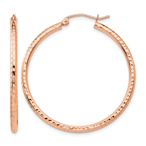 14K Rose Gold 2x 35mm Polished Lightweight Diamond-cut Tube Hoop Earrings