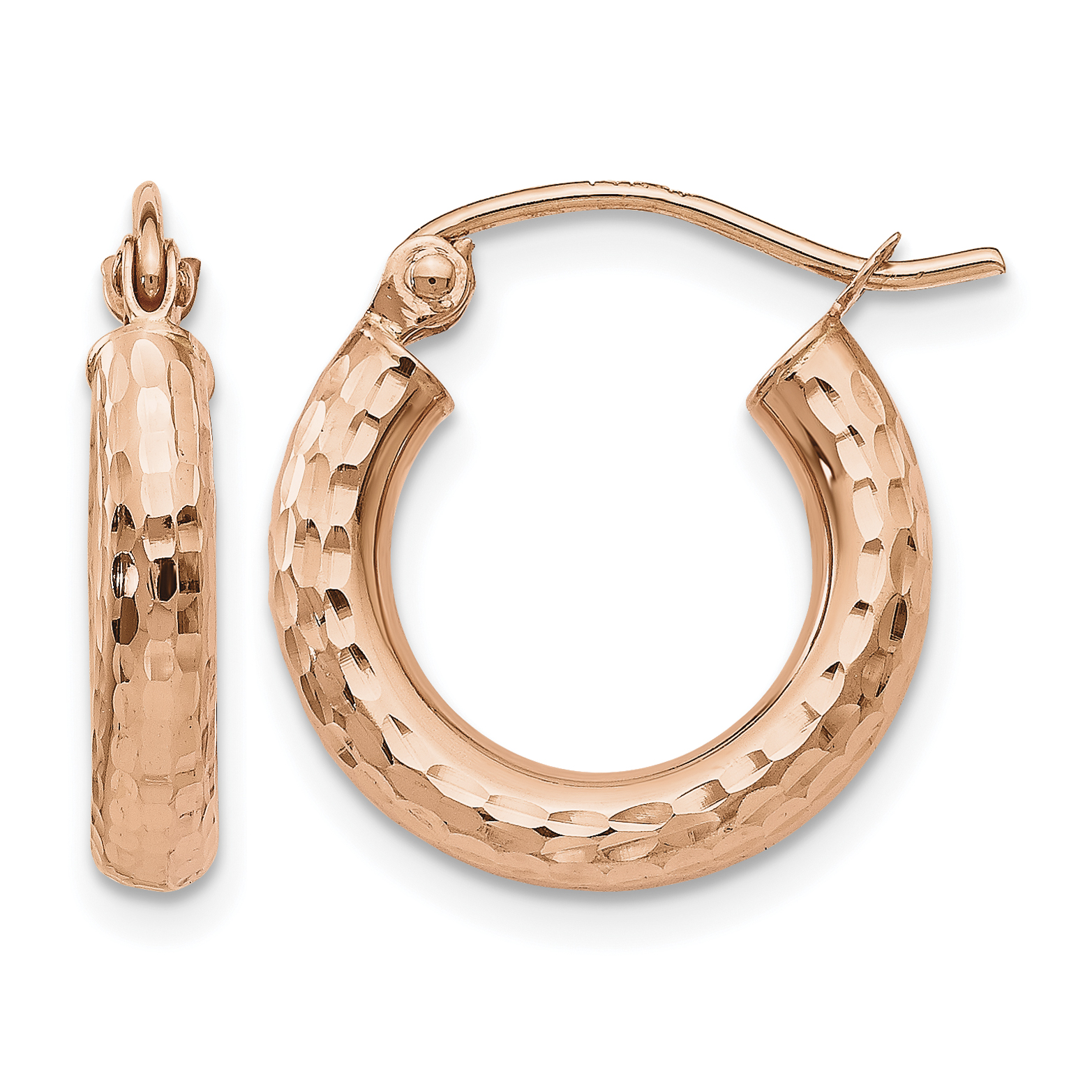 14k Rose Gold Polished Lightweight Small Diamond-cut Tube Hoop Earrings (TF822)