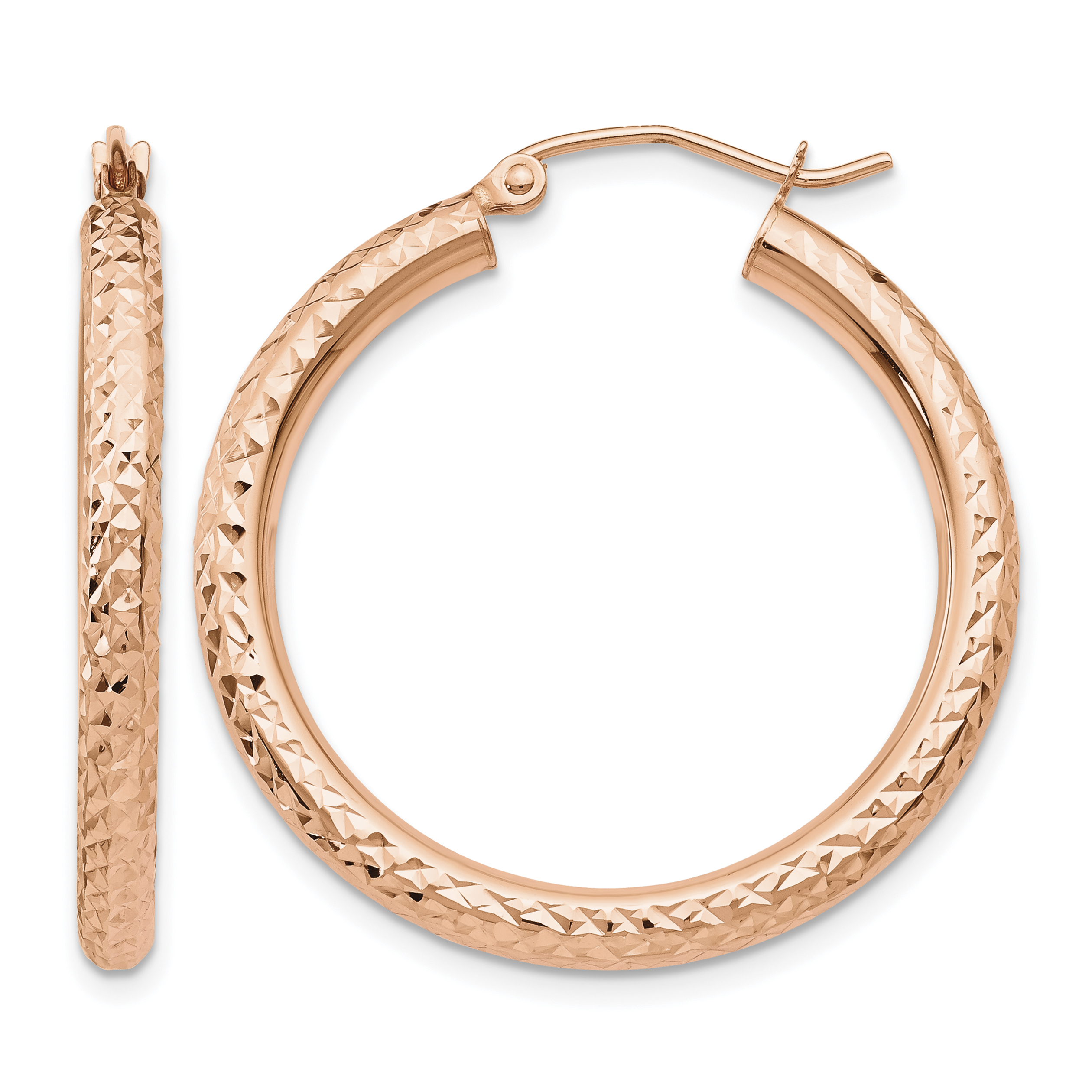 14k Rose Gold Diamond-cut 3mm Round Hoop Earrings (TF823)
