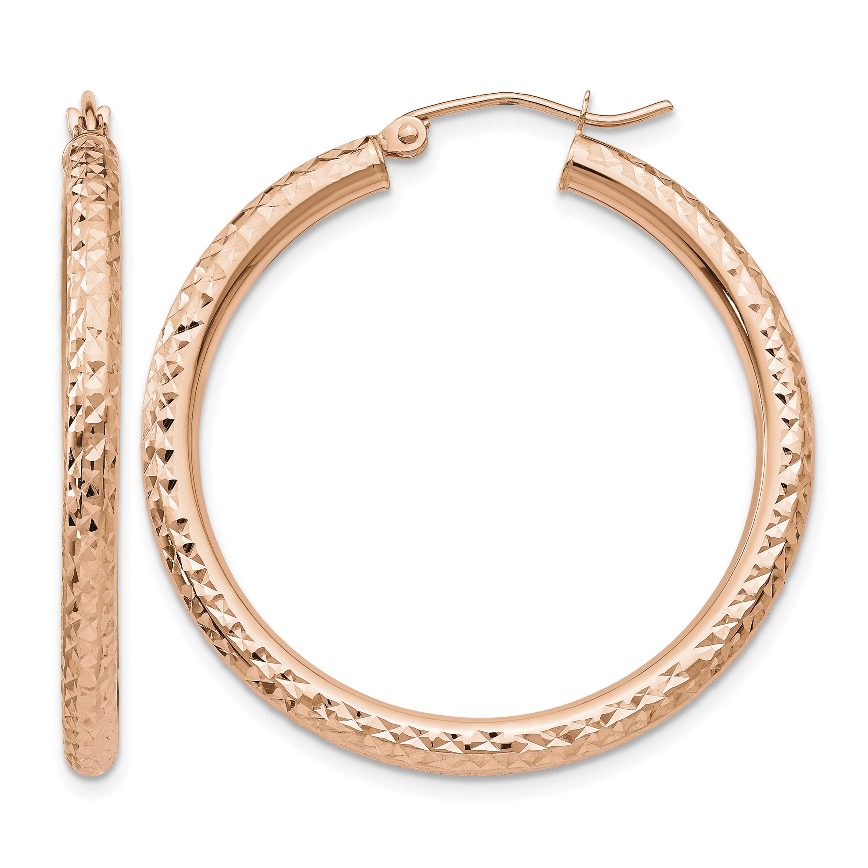 14k Rose Gold Diamond-cut 3mm Round Hoop Earrings (TF824)