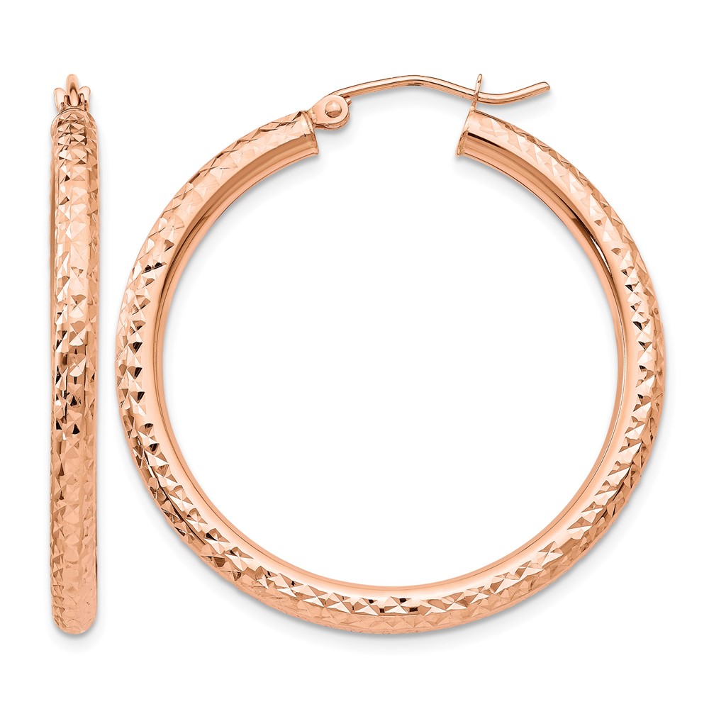 14k Rose Gold Diamond-cut 3mm Round Hoop Earrings (TF824)