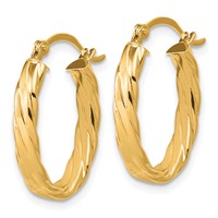 14K 3mm Yellow Gold Patterned Oval Hoop Earrings view 2