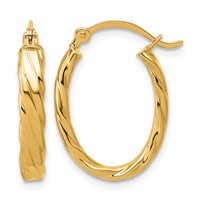 14K 3mm Yellow Gold Patterned Oval Hoop Earrings view 1