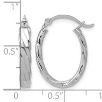 14K White Gold 3mm Patterned Oval Hoop Earrings view 4