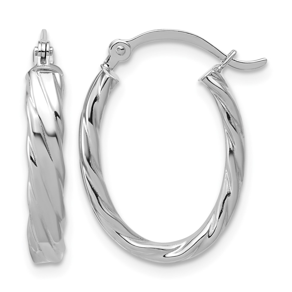14K White Gold 3mm Patterned Oval Hoop Earrings (TF869)