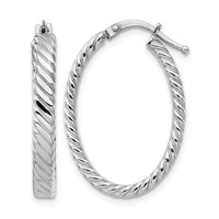 14K White Gold Large 3mm Patterned Oval Hoop Earrings view 1