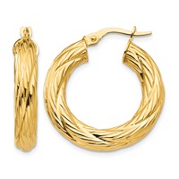 14K Yellow Gold Textured Tube Hoop Earrings view 1