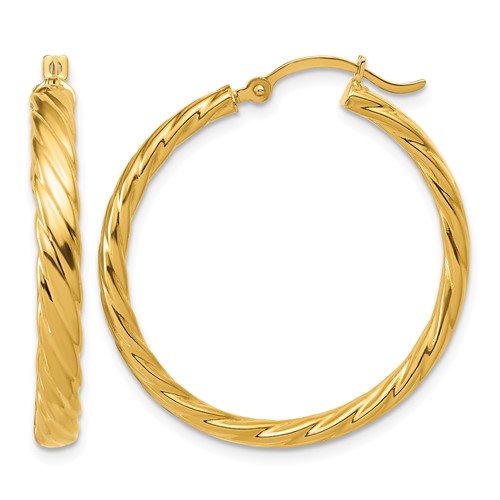14K Yellow Gold Large 3mm Patterned Hoop Earrings