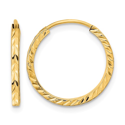 14K Yellow Gold 1.35x 17mm Diamond-cut Square-Tube Endless Hoop Earrings